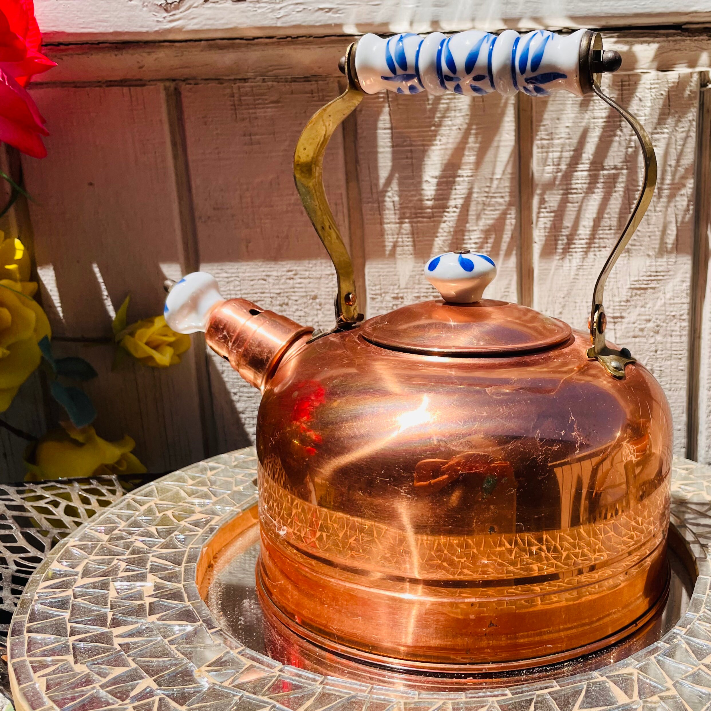 Antique Vintage Teapot Metal Copper Ceramic Floral Accents Tea Etsy