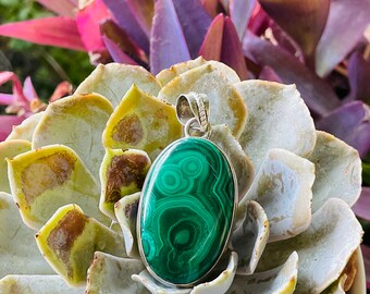 Large Sterling Silver 925 Malachite Gem Stone Oval Fine Pendant 24.4g