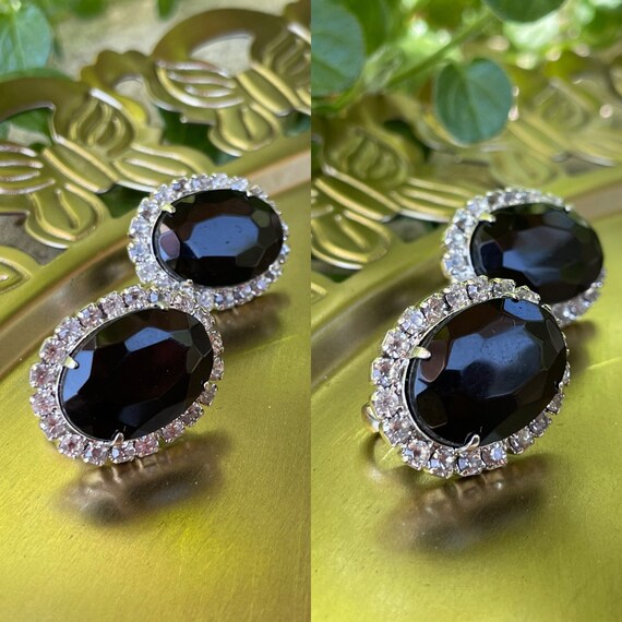 Vintage Silver Tone Faceted Black RhineStone CZ E… - image 2