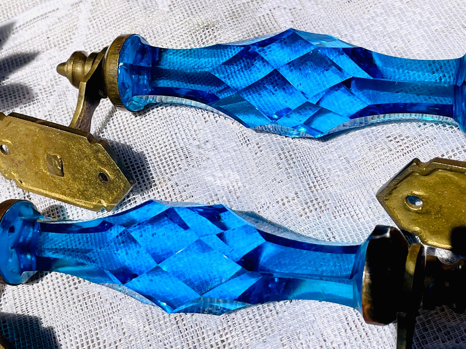 Antique Ornate Cobalt Blue Cut Crystal Brass Door Handles Etsy
