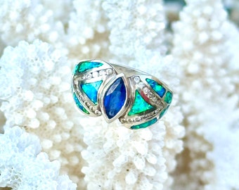 Vintage Sterling Silver Blue Fire Opal & Tanzanite Gem Stone 6.5g+ Size 9 Ring