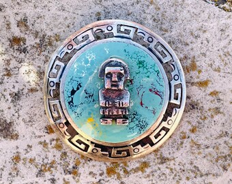 Vintage Sterling Silver CMC Peru Tribal Turquoise Tone Pendant Brooch Pin 23.6g