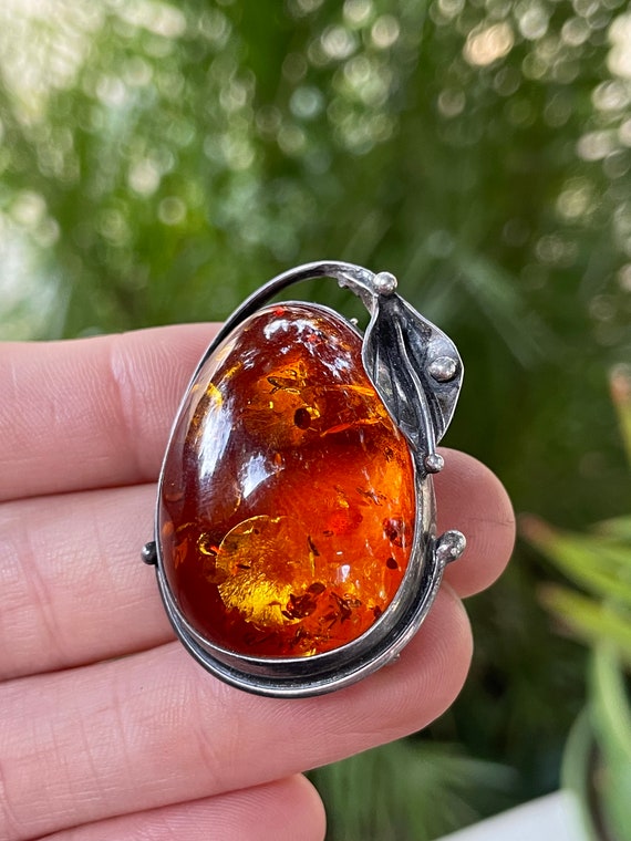 Antique Sterling Silver 925 Large Genuine Amber L… - image 5