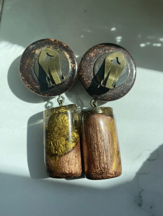 Vintage Lucite Resin Brown + Copper Tone Dangle D… - image 3