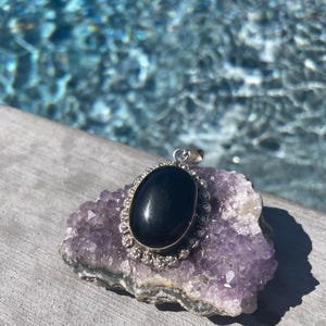Taxco Mexico Sterling Silver 925 Oval Black Gem Stone Flower Pendant 16.6g+