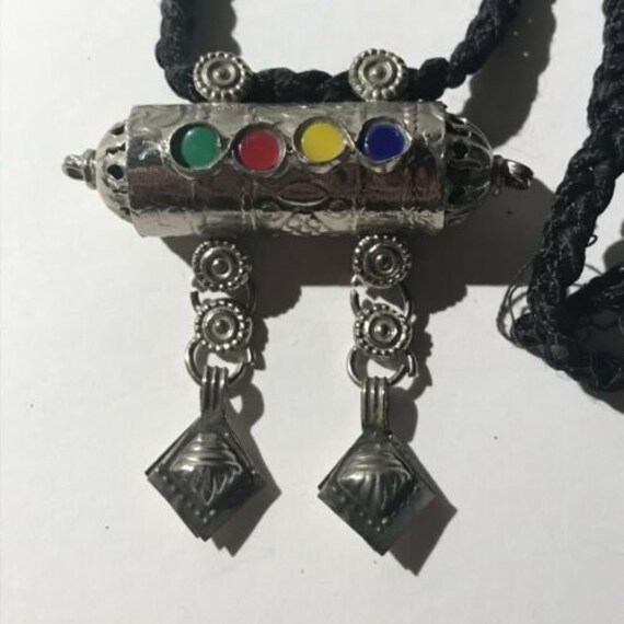 Rainbow Colored Sequence Silvertone Cylinder Neck… - image 2