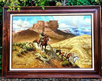 Rare Southwest Original oil on canvas Signed artist R. Gisson Cowboy Horse Scene