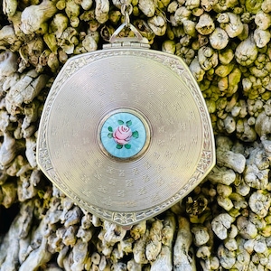Antique Blue Floral Enamel Silver Tone Etched Vanity Compact Mirror w Chain