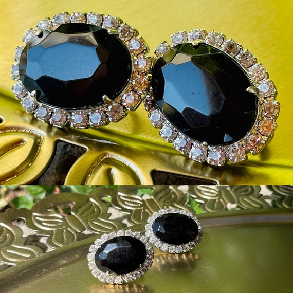 Vintage Silver Tone Faceted Black RhineStone CZ E… - image 1