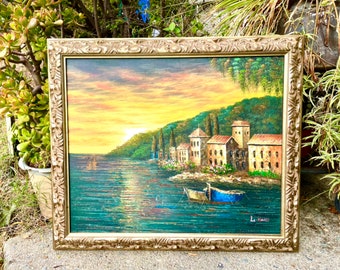 Original Oil Painting Signed By L. Haus Ocean Coastal Town Gold Framed Art