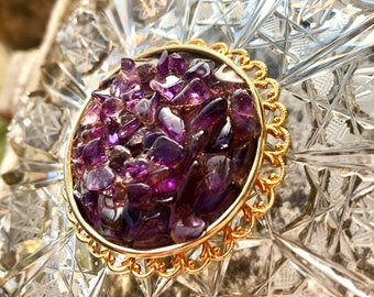 Antique Amethyst Purple Gem Stone Vintage Brooch Large Pin