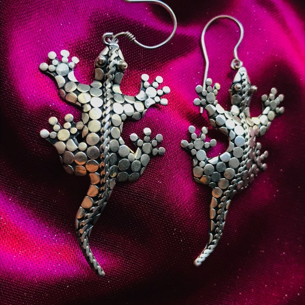Vintage Sterling Silver Gecko Lizard Amphibian Reptile Dangle Pierced Earrings