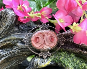 Antique Carved Pink Rose Flower Lucite Resin Silver Tone Brooch Pin