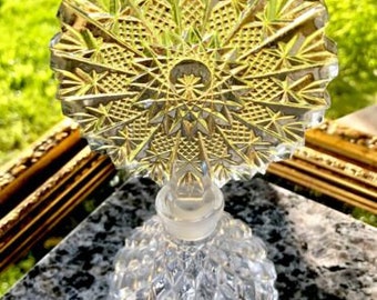 Vintage Crystal Clear Glass Czech Style Cut Perfume Bottle W Large Stopper