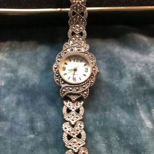 Vintage Ladies Marcasite Silver Tone Watch In Original Box Timepiece Japan Quartz