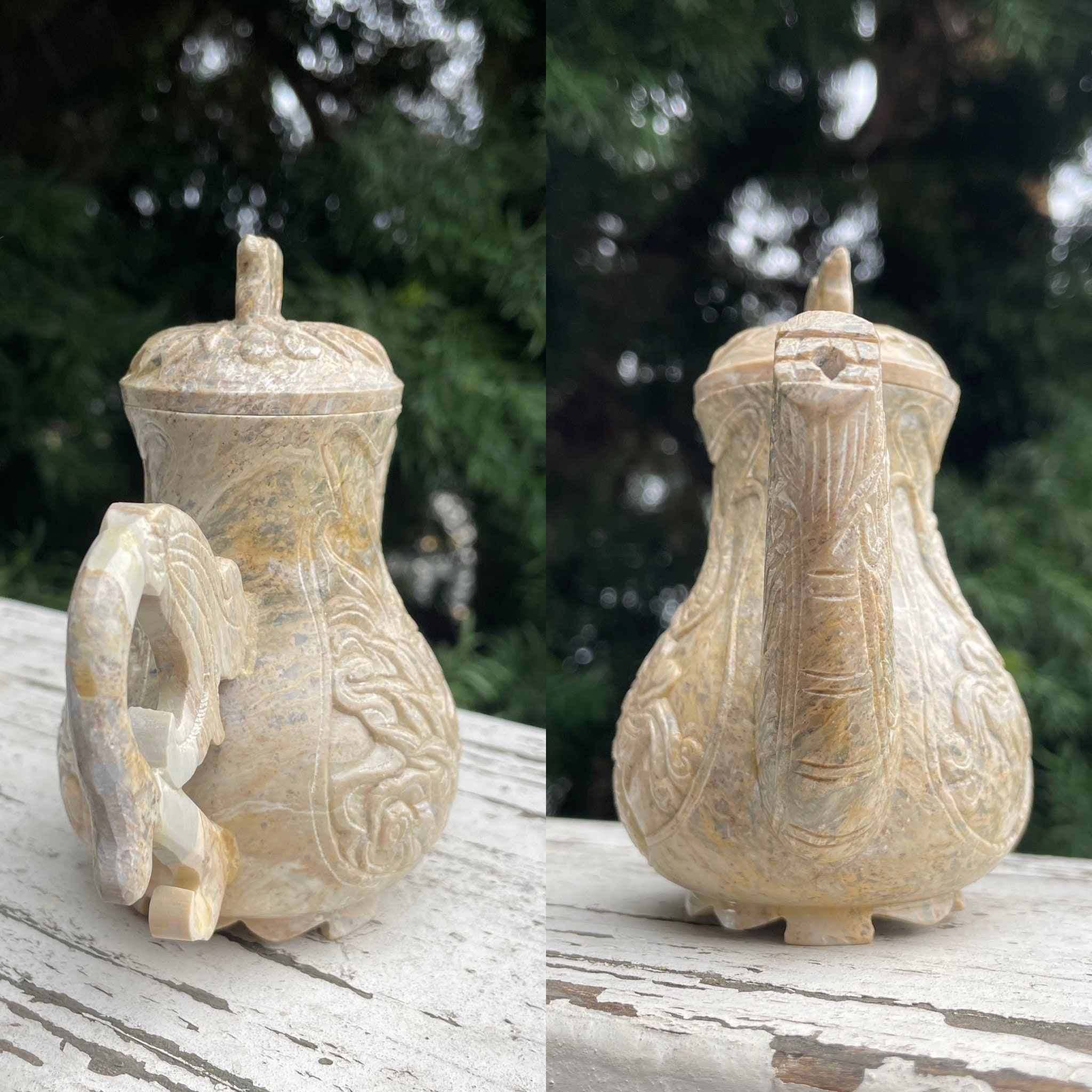 アンティークサイン入りアジアンストーン彫刻ドラゴン神話の生き物