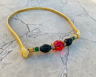 Gold Tone Green Red Black Bead Rhinestone Stretch Fashion Women's Accessory Belt