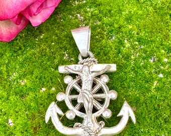 925 Sterling Silver Vintage Crucifix Cross Anchor Pendant CH-02 Made in Mexico