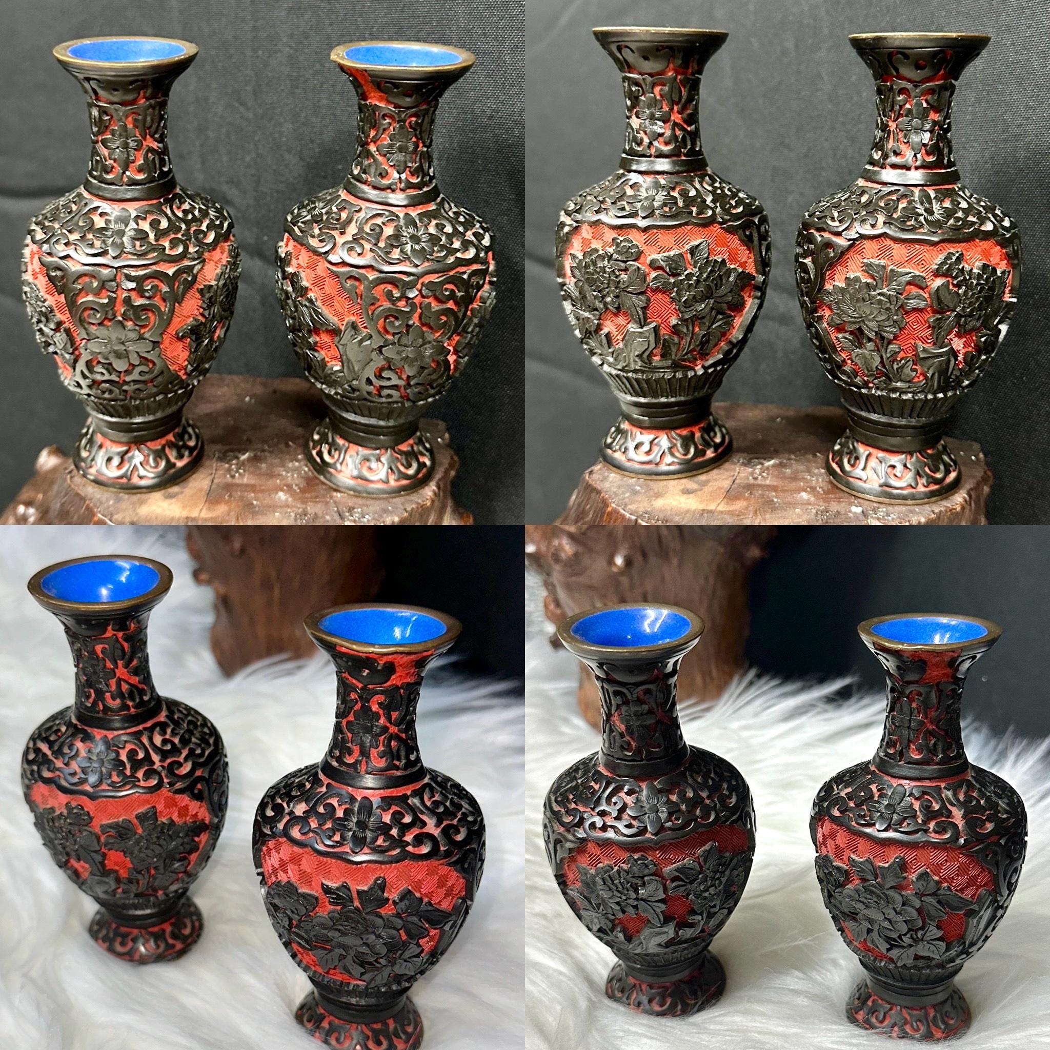 中国 赤い 花瓶 中国美術 堆朱花瓶 赤い彫刻入り花瓶 木製スタンド付き - メルカリ