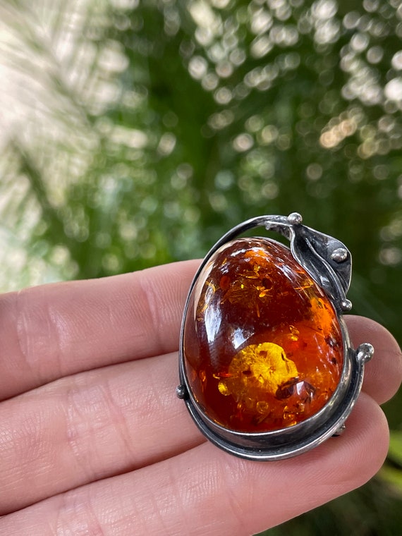 Antique Sterling Silver 925 Large Genuine Amber L… - image 4