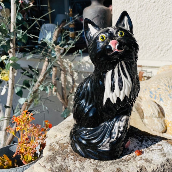 Vintage Large Hand Painted Ceramic Black & White Cat Feline Figurine Art