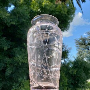Vintage Large Pink Optic Threaded Hand Blown Art Glass Vase
