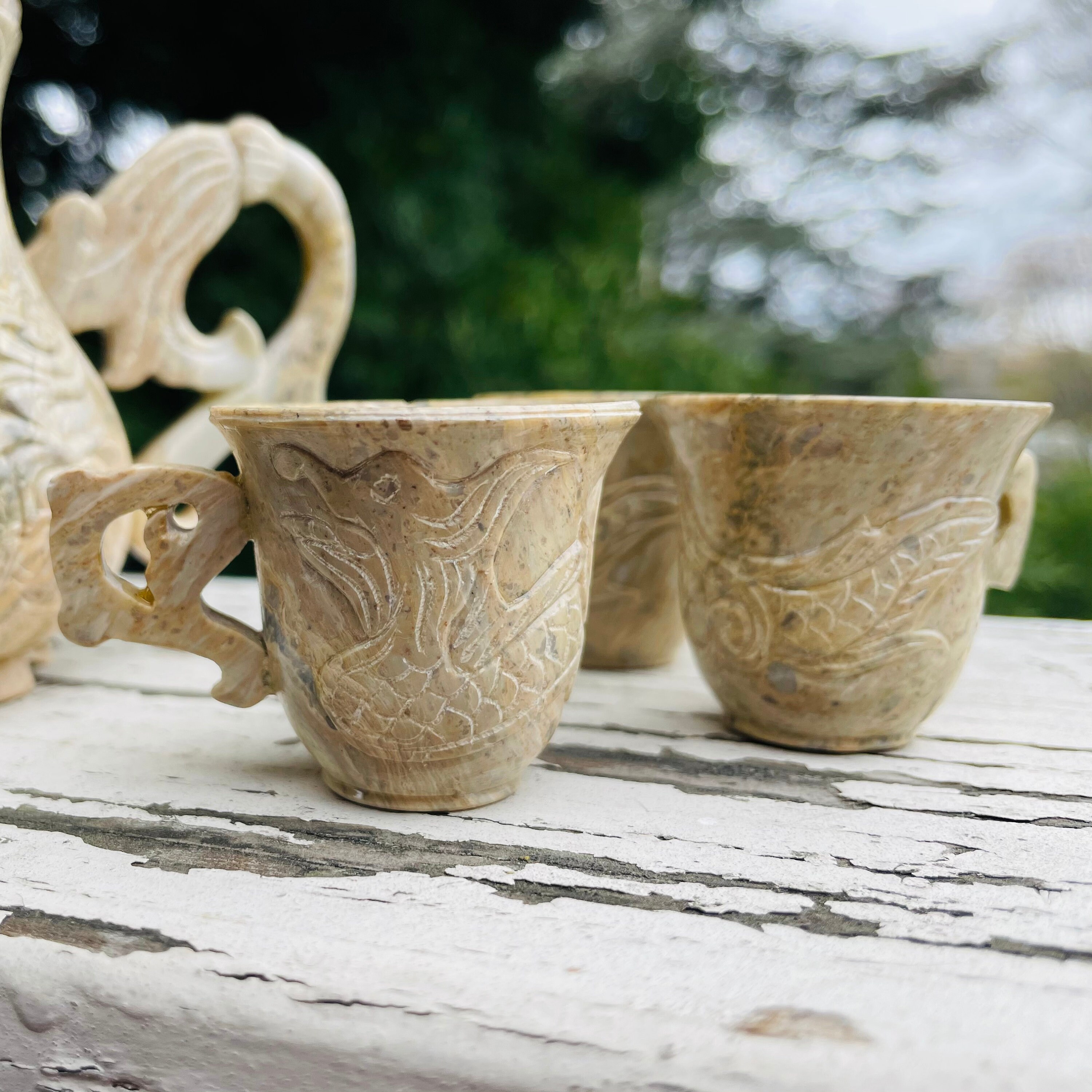 アンティークサイン入りアジアンストーン彫刻ドラゴン神話の生き物