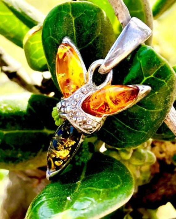 Rare Vintage Signed JK Sterling Silver Multi Color Amber 3 Way stone Pendant