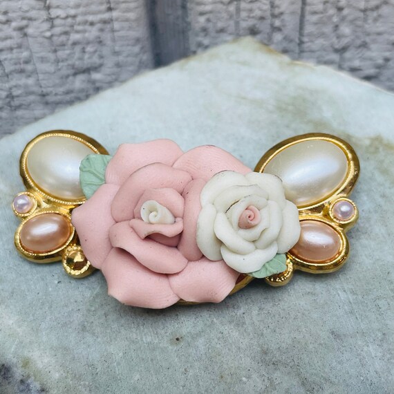 Vintage Porcelain Rose Floral Faux Pearl Gold Cli… - image 7