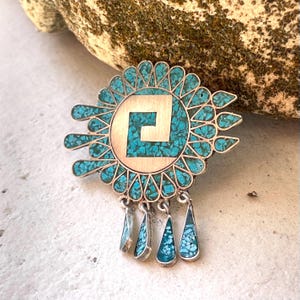 Mixtoc Zapotec Yanuitlan Sterling Silver Mexico Taxco Turquoise Mosaic Pin 12.4g