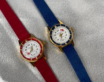 Ravisa Ladies Watch Manual Wind 17 Jewels Red & Blue Leather Band White Dial Set