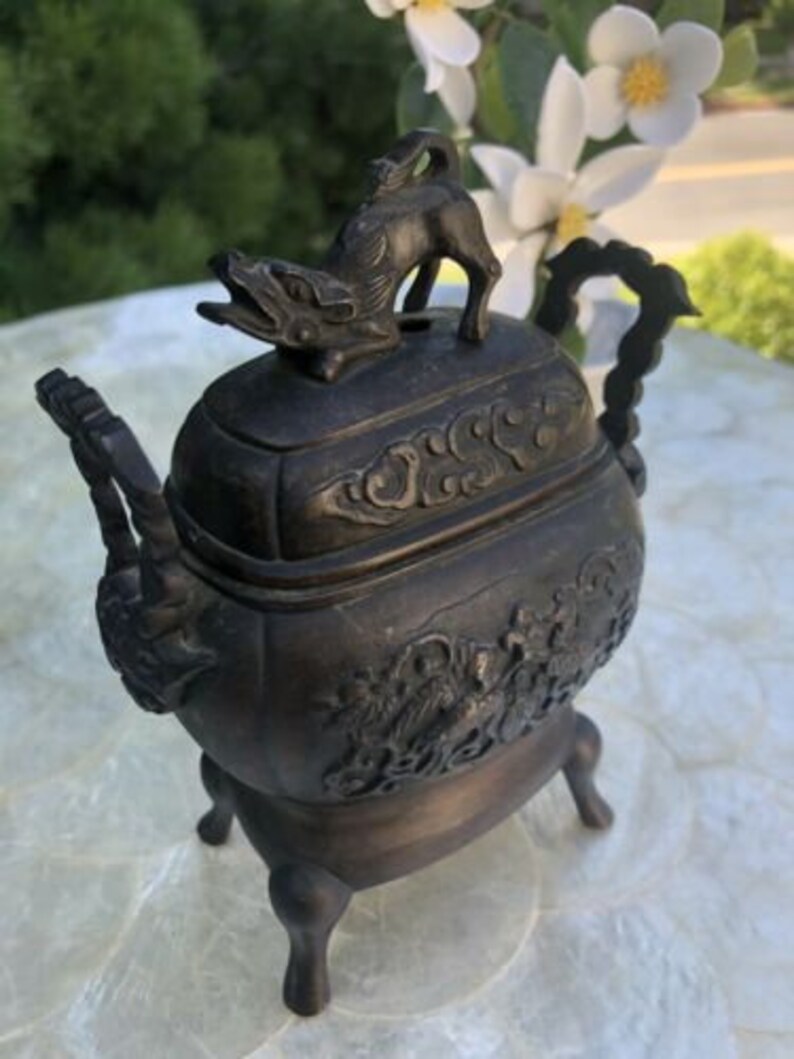 Antique Chinese Bronze Censer Incense Burner Jar Foo Dog Etsy