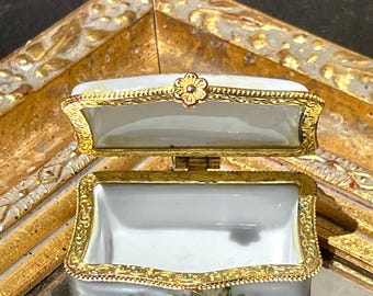 Vintage Painted Porcelain Victorian Couple Brass Trinket Hinged Pill Jewelry Box