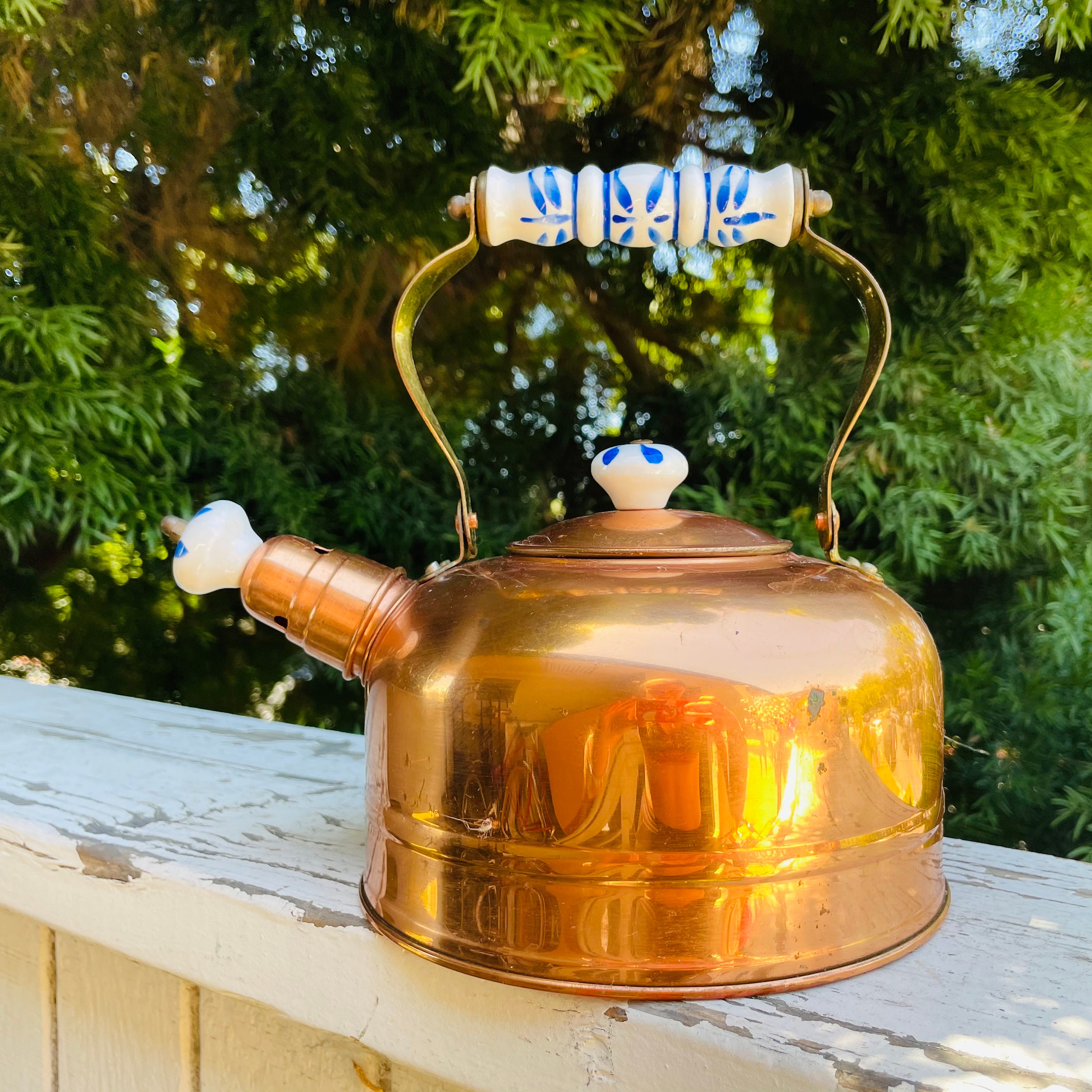 Antique Vintage Teapot Metal Copper Ceramic Floral Accents Tea Etsy