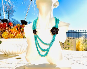 Artisan Wood Carved Flower Floral Blue Faux Turquoise Beaded 3 Strand Necklace