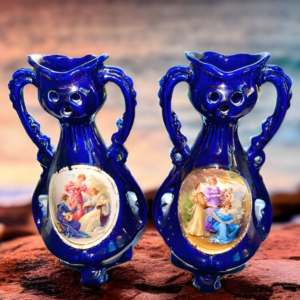 Antique Victorian Ladies Scene Hand Painted Blue Antique Austrian Mandorla Vases