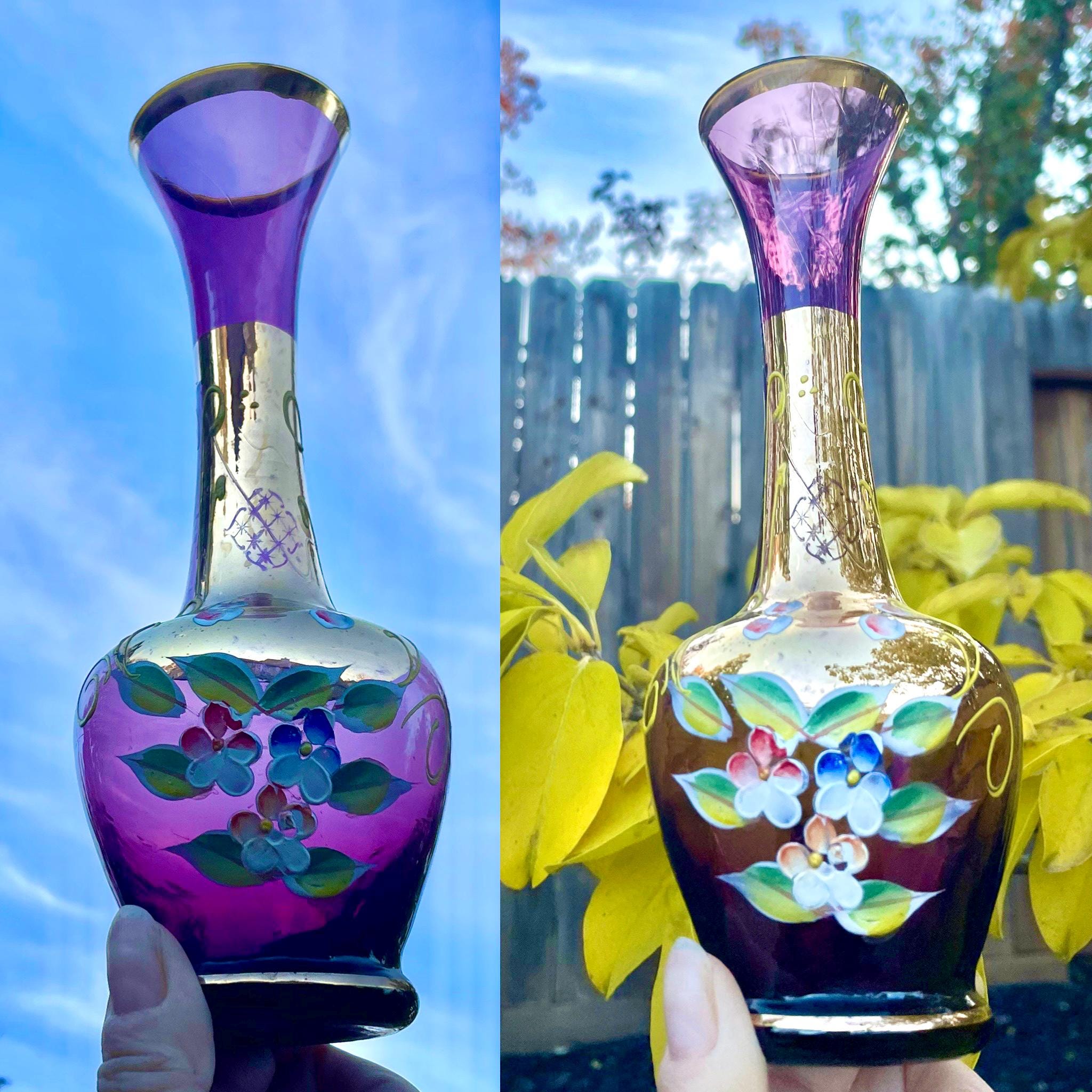 Vintage Gold Overlay Purple Glass Art Floral Painted Flower