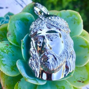 Large Silver Plated Jesus Face Piece 3D White Rhinestone Religious 3oz Pendant