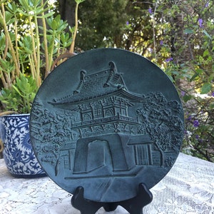 Vintage Signed Japanese Asian Verdigris Metal Decorative Rare Plate