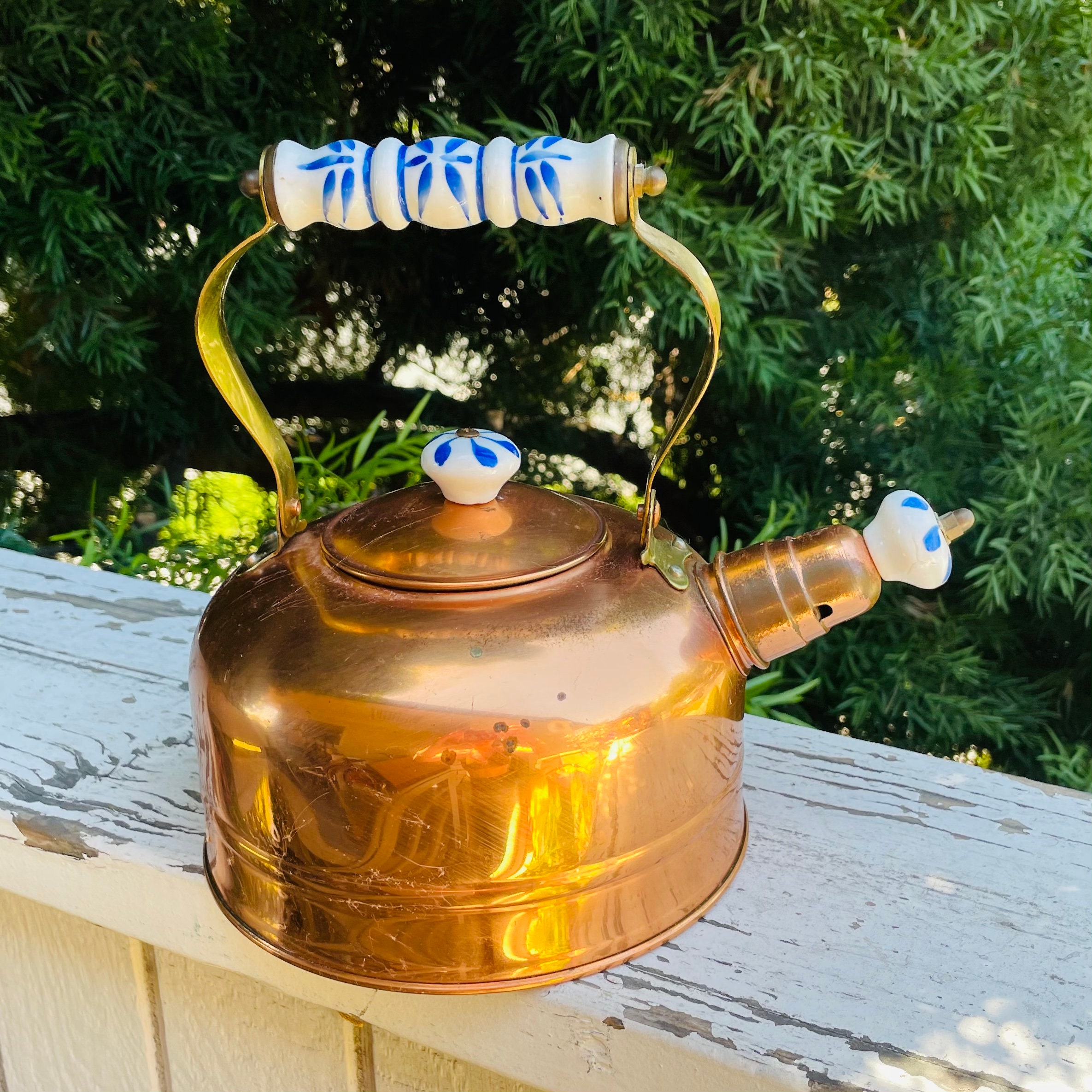 Antique Vintage Teapot Metal Copper Ceramic Floral Accents Tea Etsy