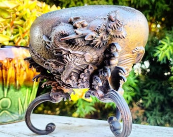 Antique Meiji Period Japanese Bronze Metal High Relief Dragon Bowl Made in Japan