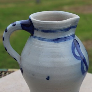 Vintage Art Pottery Salt Glazed Stoneware Pitcher Cobalt Blue Hand painted