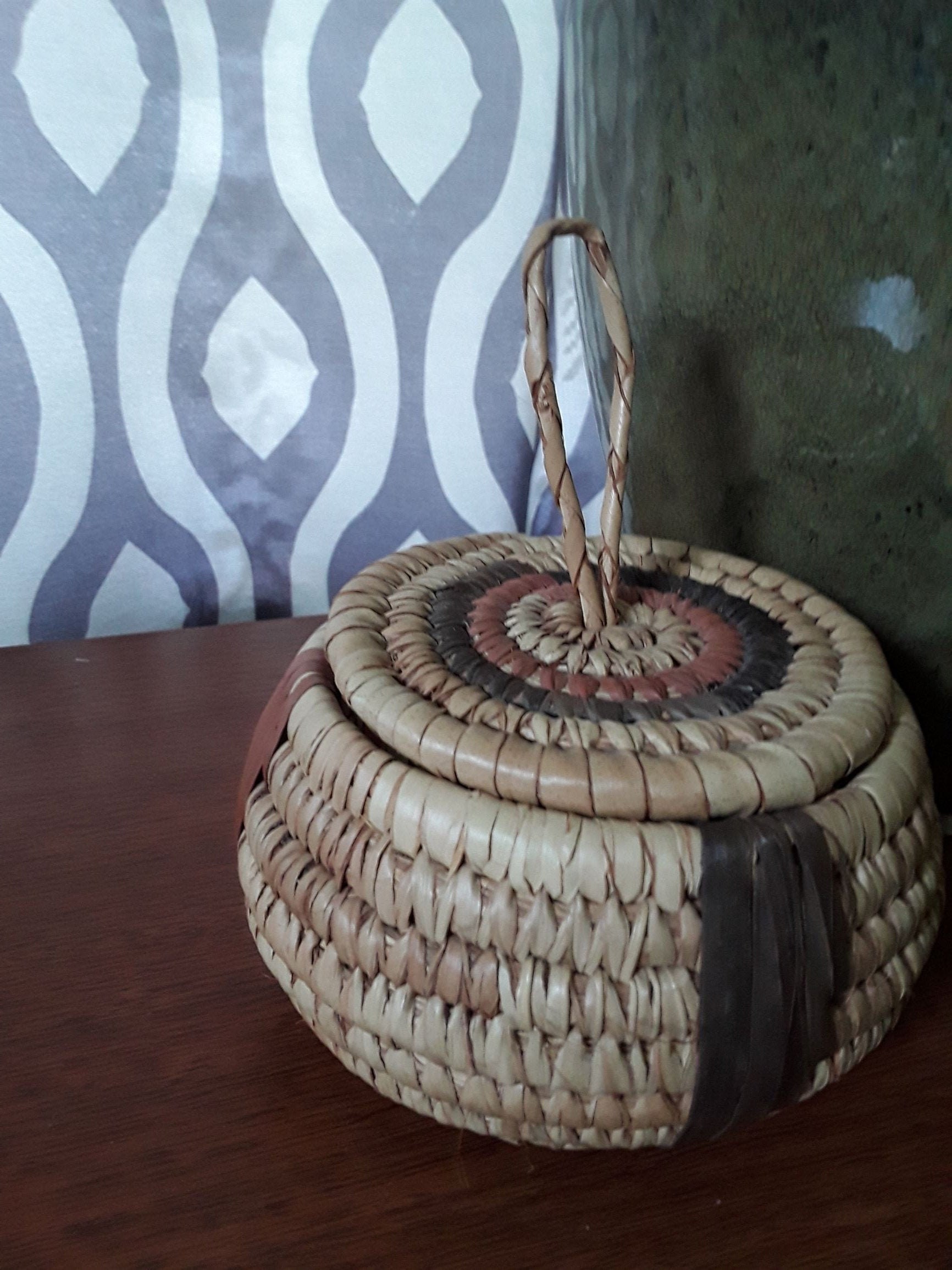 Decorative Round Basket With Lid Woven Jewelry Trinket Etsy UK