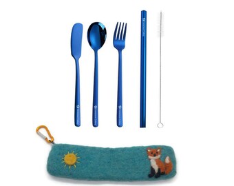 Stainless Steel Cutlery Set -  Felted Wool FOX Pouch - Limited Supply - fork, spoon knife and straw w/cleaner