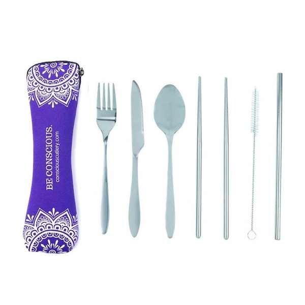 Mandala Purple Travel Cutlery Set - Reusable fork, spoon, knife, STRAW, straw cleaner and Chopsticks.  PLASTIC SUCKS!