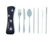 SAVE THE BEES Black Eco-friendly reusable sustainable utensils,- Stainless steel Straw - travel cutlery set - ecofriendly gift