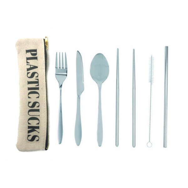Travel Cutlery Set w/ Hemp Pouch - 18/8 grade stainless steel - fork, spoon, knife, straw, chopsticks. PLASTIC SUCKS