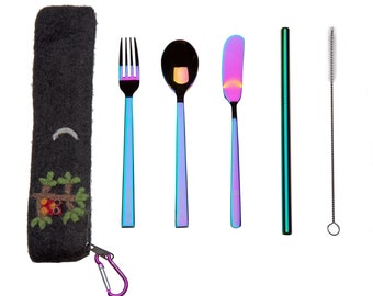 Stainless Steel Cutlery Set -  Felted Wool Owl Pouch - Limited Supply - fork, spoon knife and straw w/cleaner
