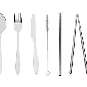 May include: A set of stainless steel utensils for eating and drinking, including a spoon, fork, knife, chopsticks, a drinking straw, and a cleaning brush.