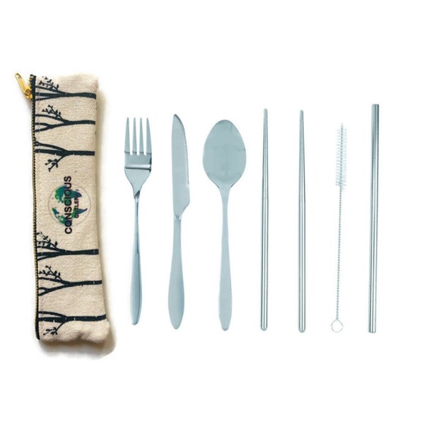 Travel Cutlery Set w/ Hemp Pouch - 18/8 grade stainless steel - fork, spoon, knife, straw, chopsticks. TREE